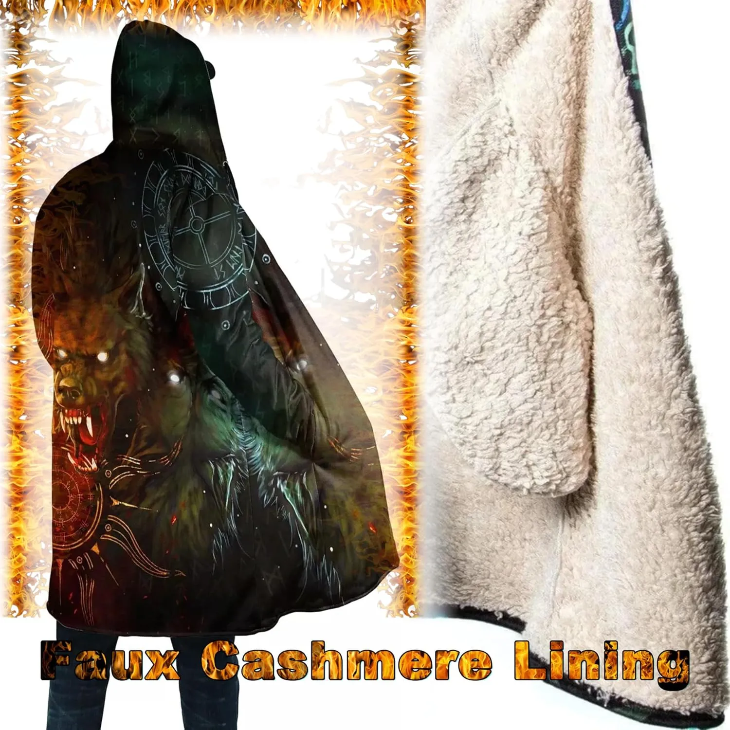 Viking Men's Fall Winter Lightweight Warm Jacket with Hood Norse Myth Fenrir Wolf Cloak Fashion Plus Size Sweater Coat