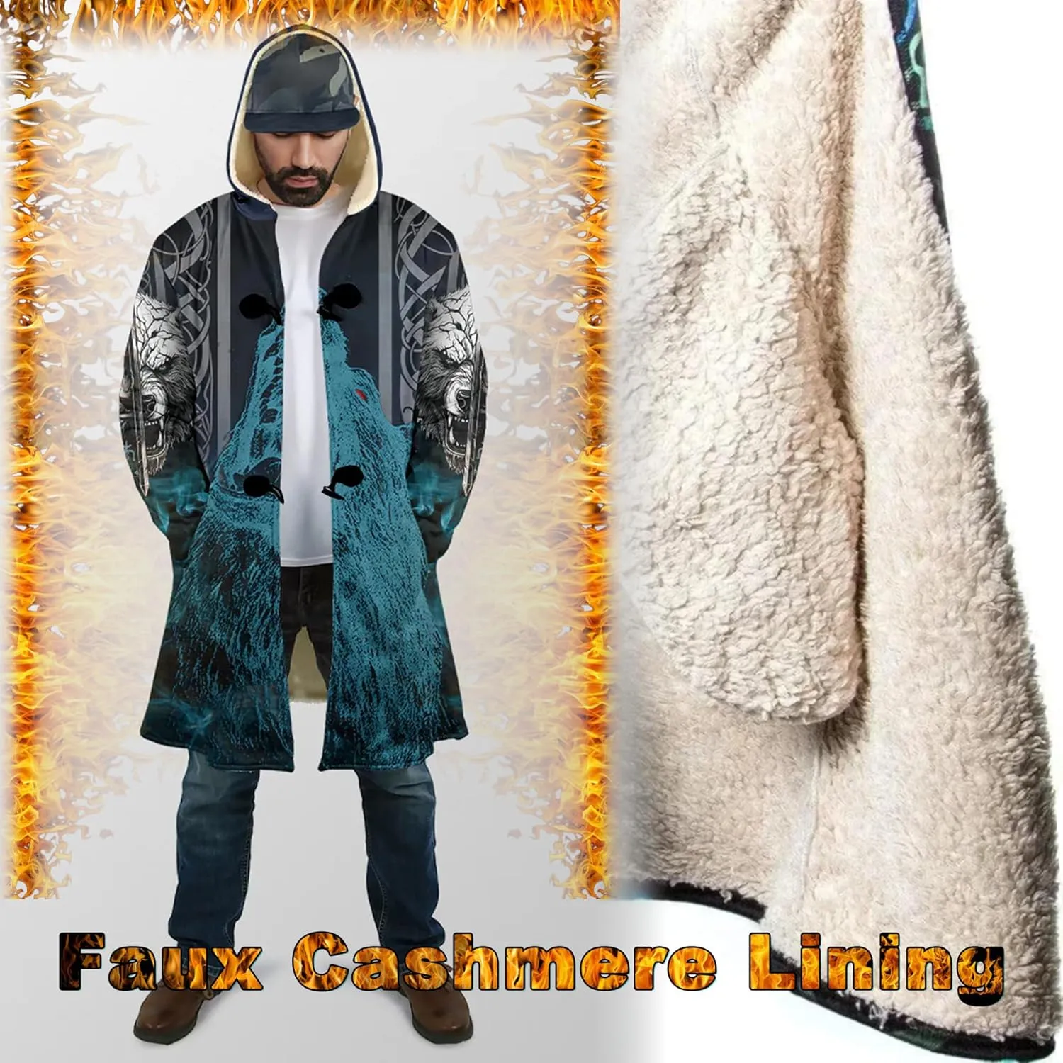 Viking Men's Fall Winter Lightweight Warm Jacket with Hood Norse Myth Fenrir Wolf Cloak Fashion Plus Size Sweater Coat