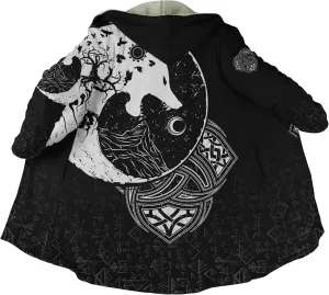 Viking Men's Fall Winter Lightweight Warm Jacket with Hood Norse Myth Fenrir Wolf Cloak Fashion Plus Size Sweater Coat