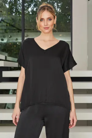 Viscose Short Sleeve V-Neck Top- Black
