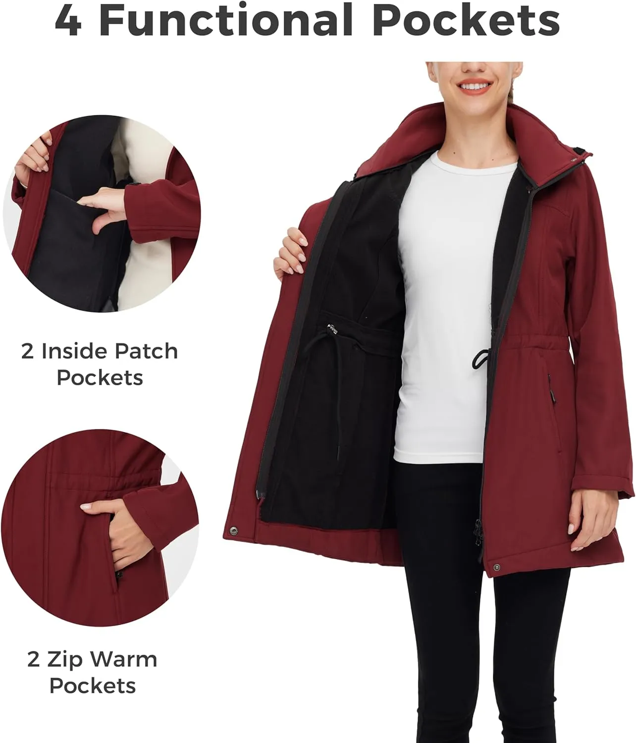 wantdo Women's Softshell Jacket Hooded Fleece Lined Waterproof Coat Warm Lightweight Insulated Windbreaker for Outdoor Hiking