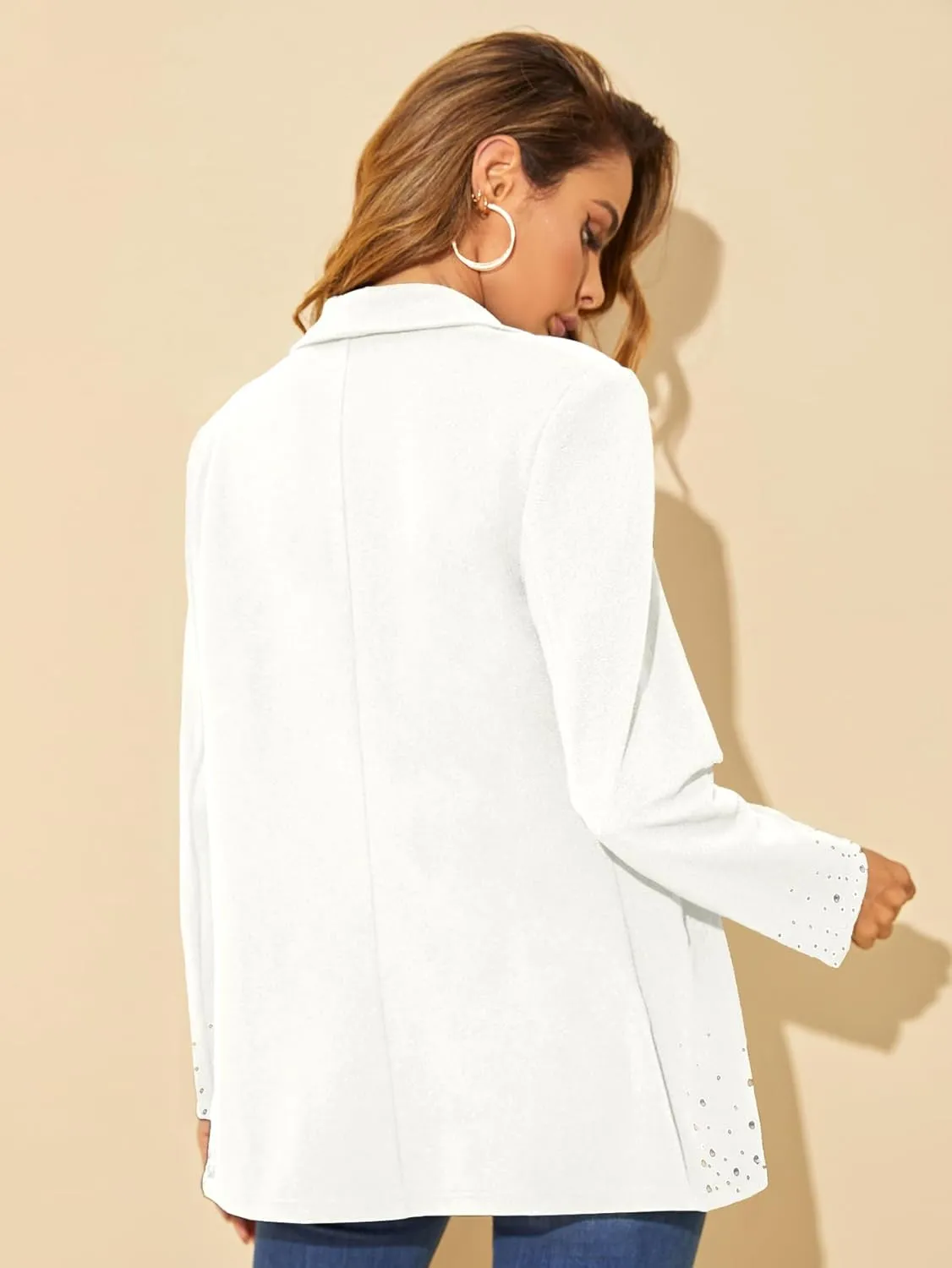 WDIRARA Women's Elegant Long Sleeve Blazer Open Front Rhinestone Suit Jackets