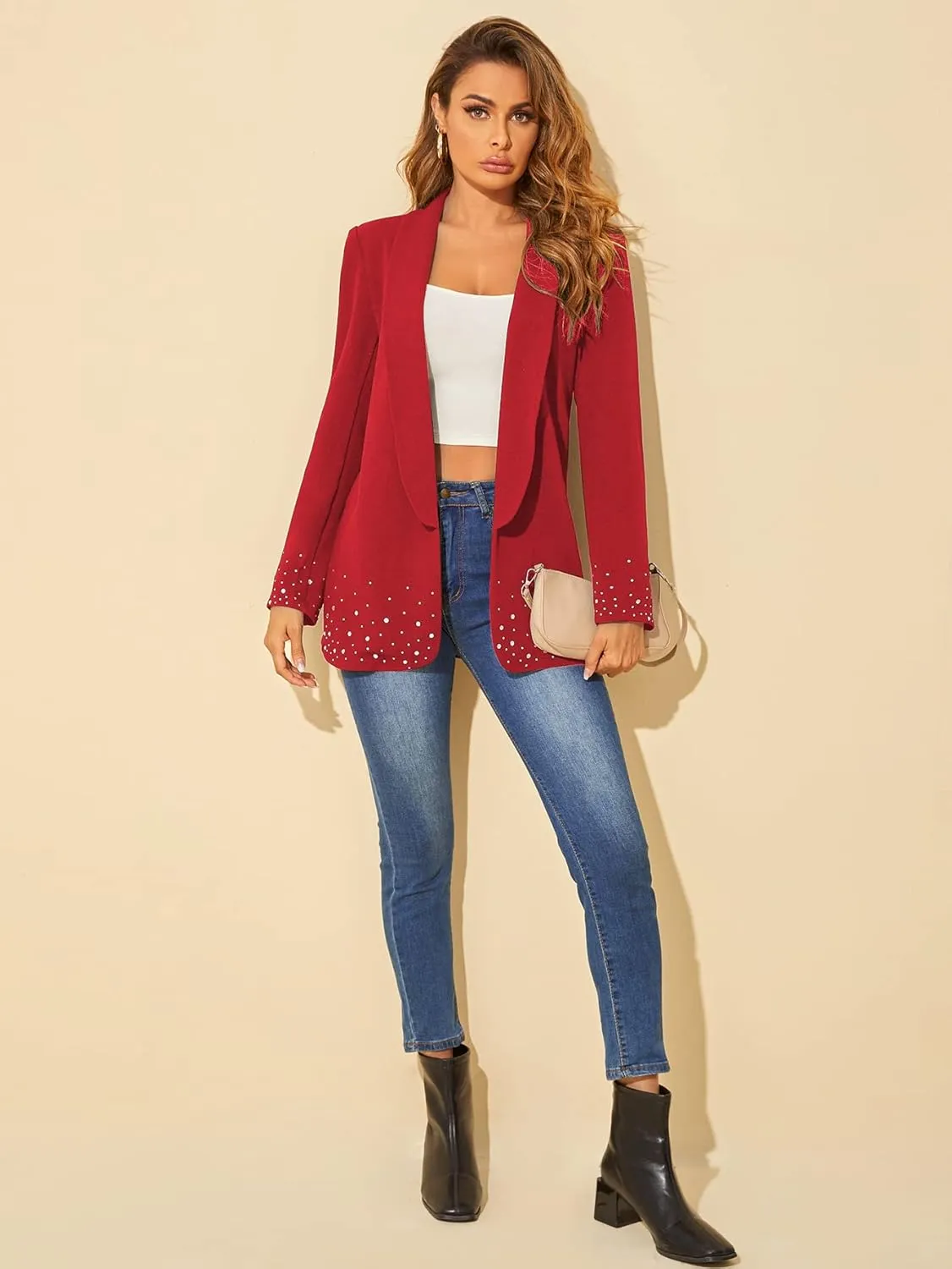 WDIRARA Women's Elegant Long Sleeve Blazer Open Front Rhinestone Suit Jackets