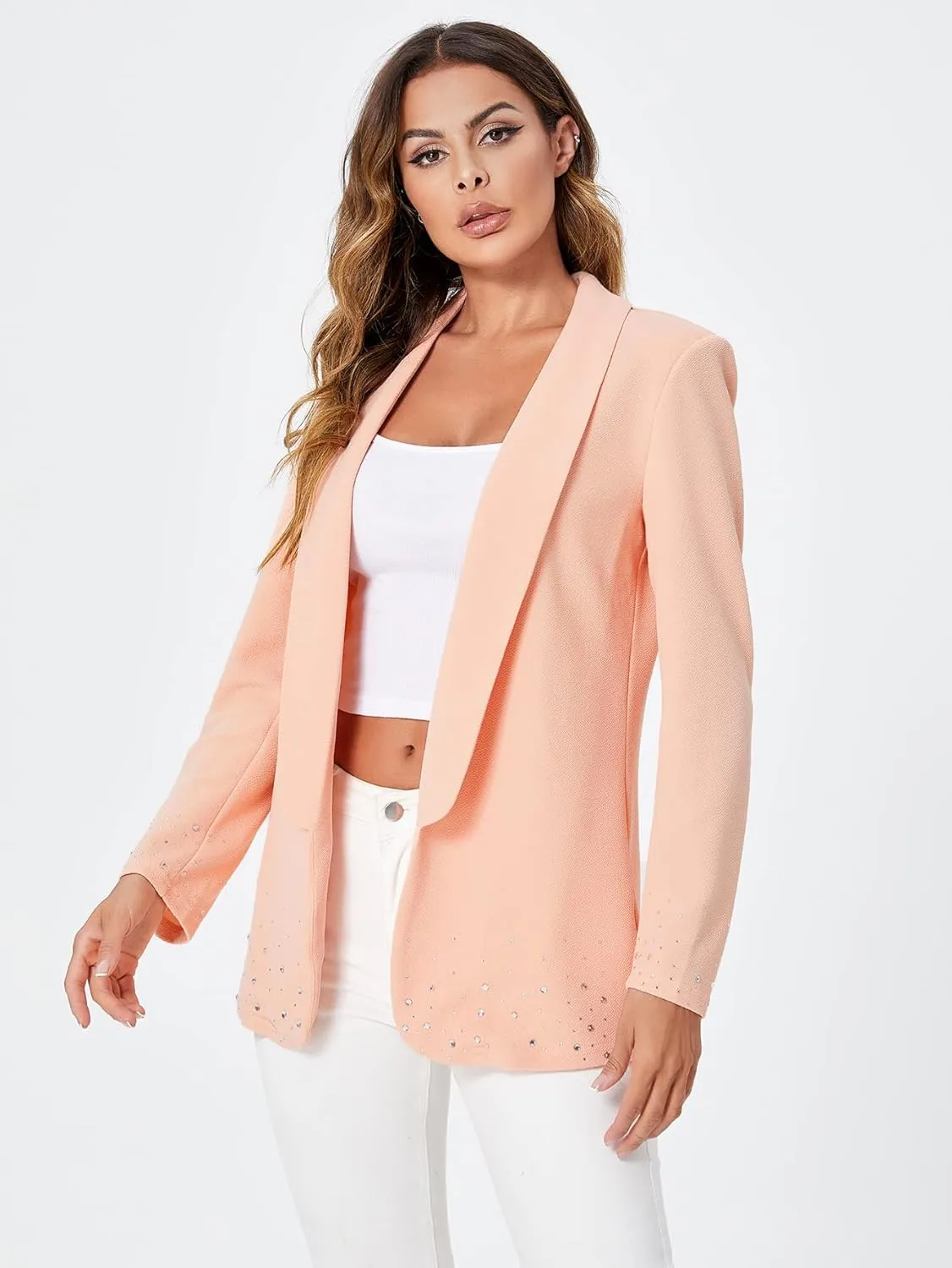 WDIRARA Women's Elegant Long Sleeve Blazer Open Front Rhinestone Suit Jackets