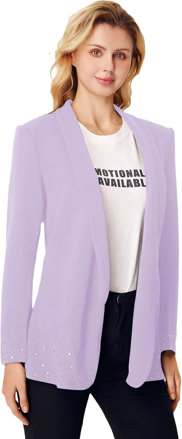 WDIRARA Women's Elegant Long Sleeve Blazer Open Front Rhinestone Suit Jackets