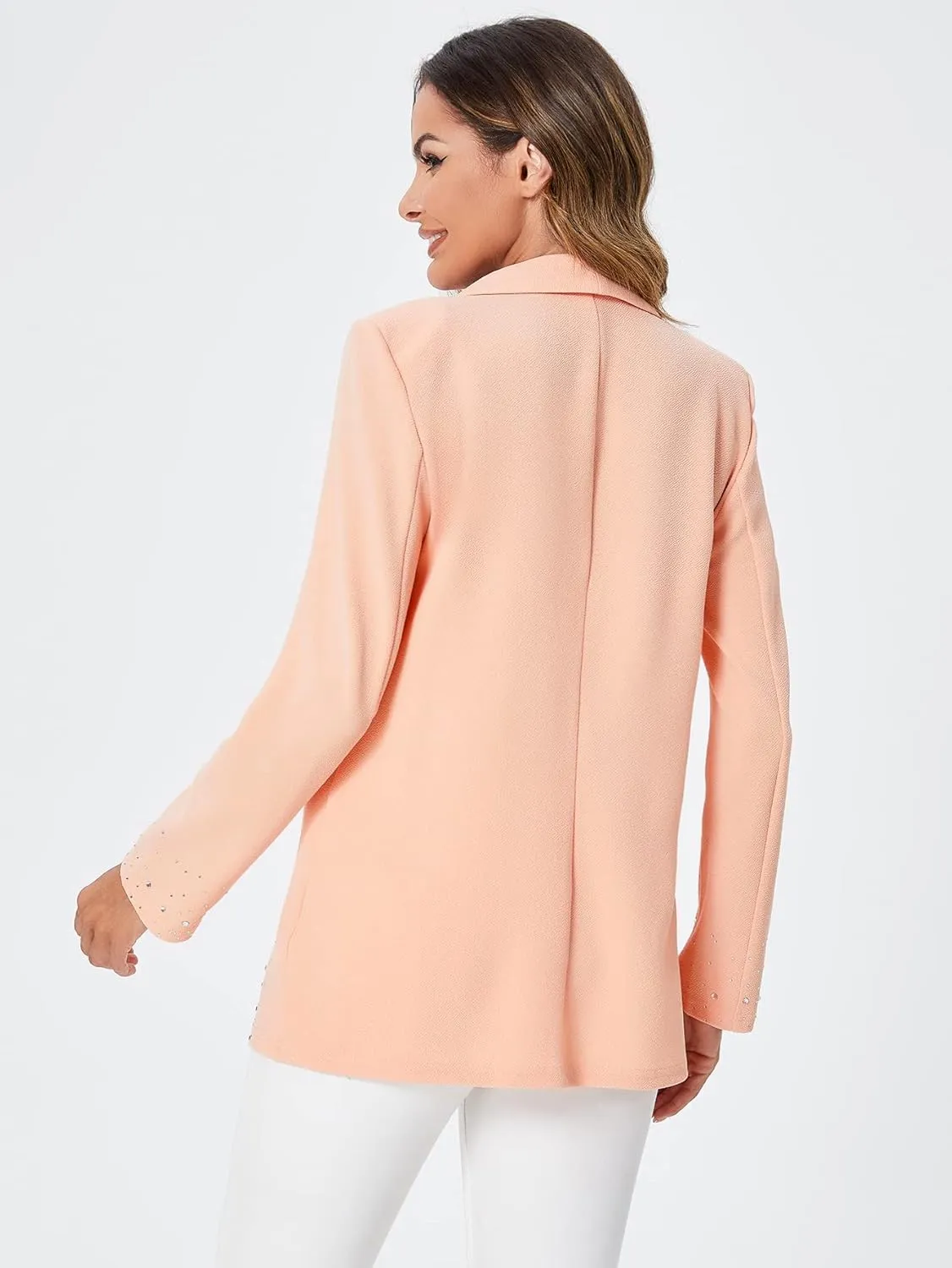 WDIRARA Women's Elegant Long Sleeve Blazer Open Front Rhinestone Suit Jackets