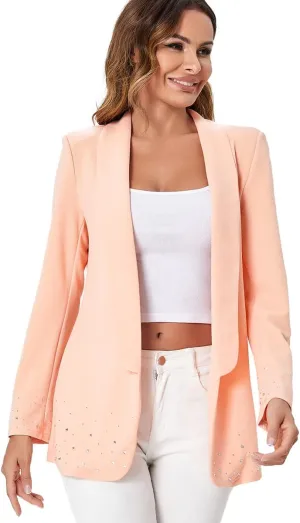 WDIRARA Women's Elegant Long Sleeve Blazer Open Front Rhinestone Suit Jackets