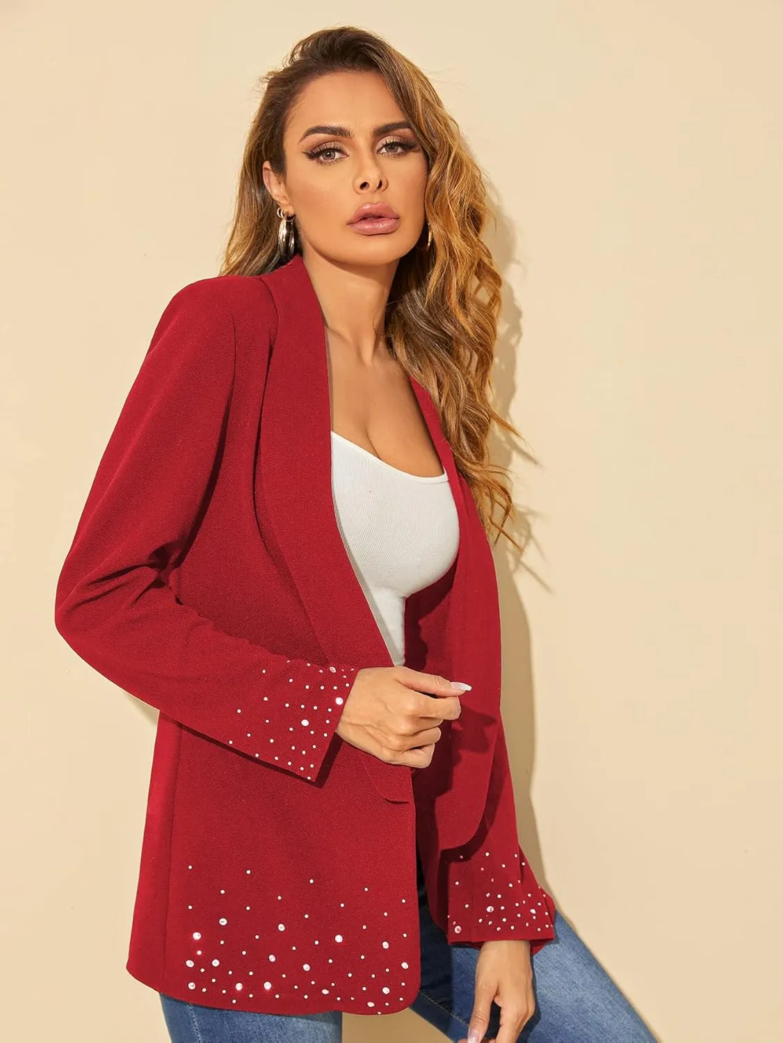 WDIRARA Women's Elegant Long Sleeve Blazer Open Front Rhinestone Suit Jackets