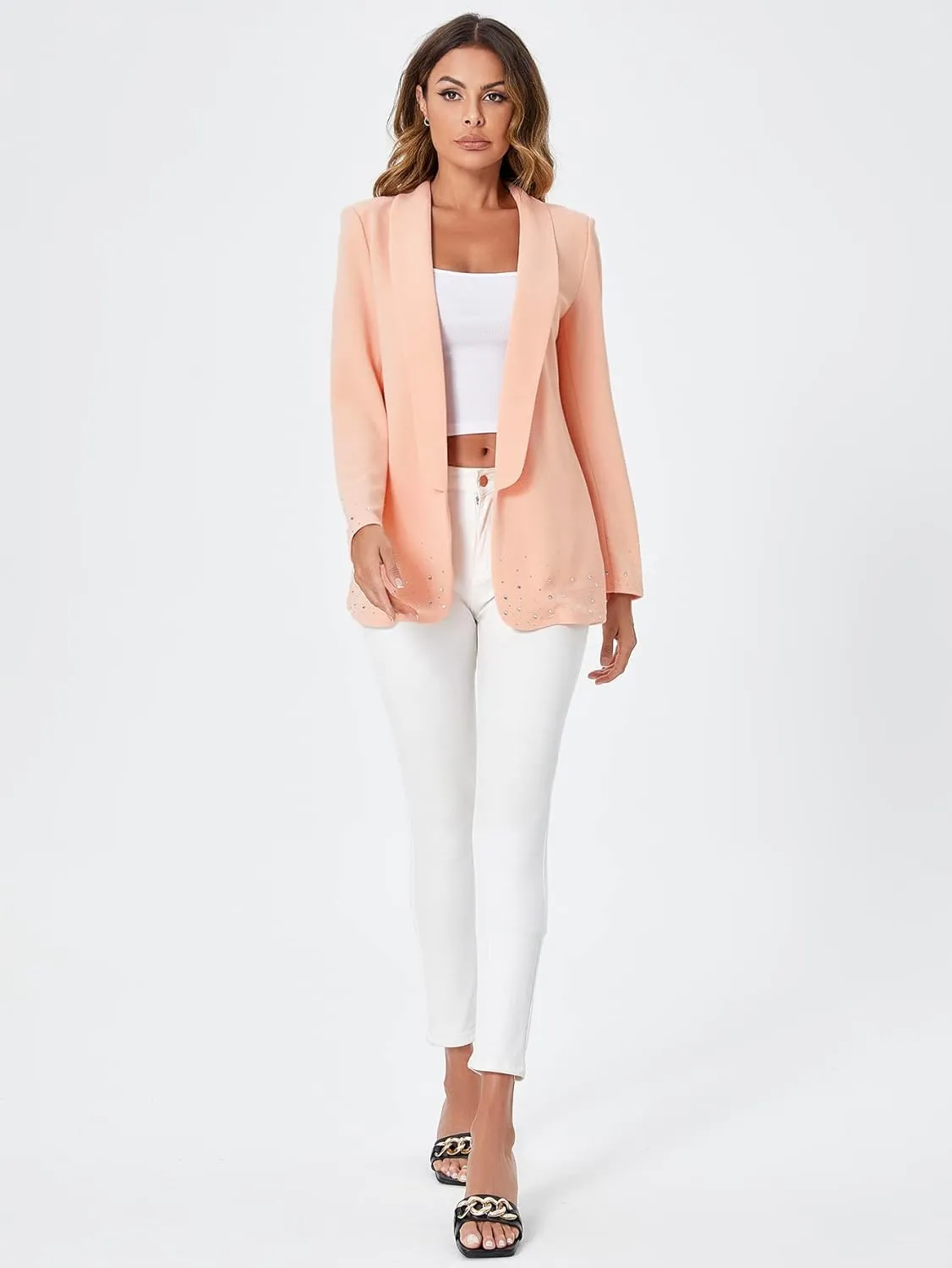 WDIRARA Women's Elegant Long Sleeve Blazer Open Front Rhinestone Suit Jackets