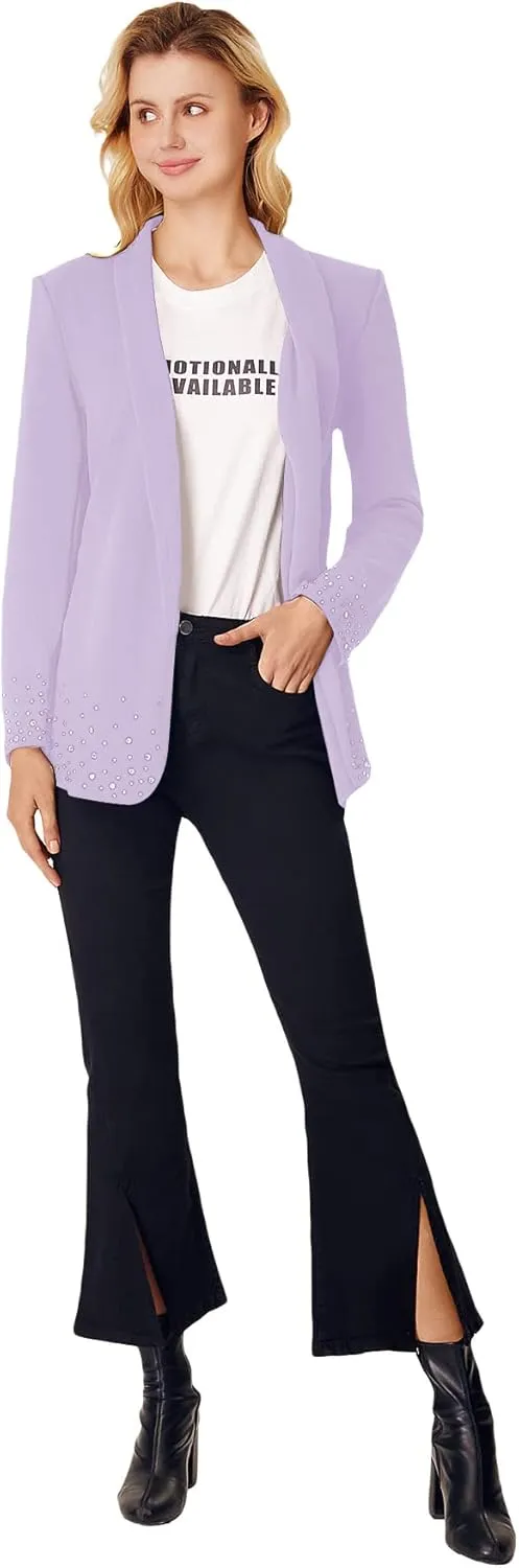 WDIRARA Women's Elegant Long Sleeve Blazer Open Front Rhinestone Suit Jackets