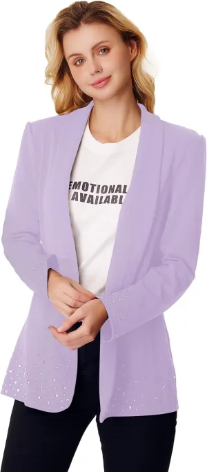 WDIRARA Women's Elegant Long Sleeve Blazer Open Front Rhinestone Suit Jackets