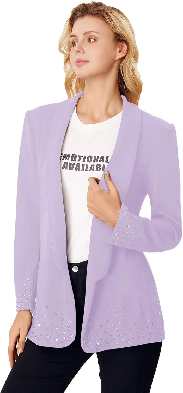 WDIRARA Women's Elegant Long Sleeve Blazer Open Front Rhinestone Suit Jackets