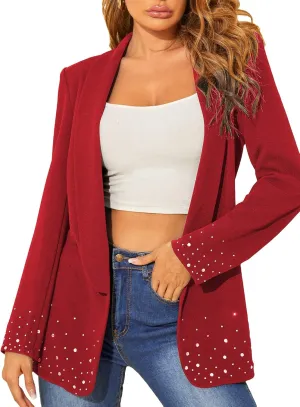 WDIRARA Women's Elegant Long Sleeve Blazer Open Front Rhinestone Suit Jackets
