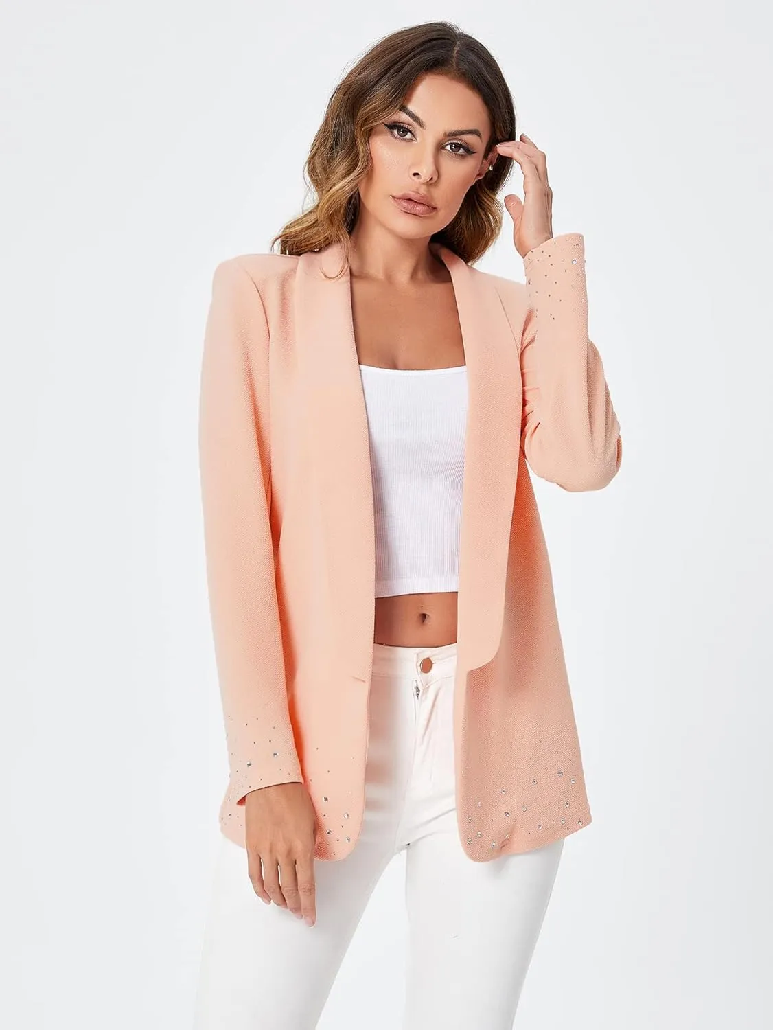 WDIRARA Women's Elegant Long Sleeve Blazer Open Front Rhinestone Suit Jackets