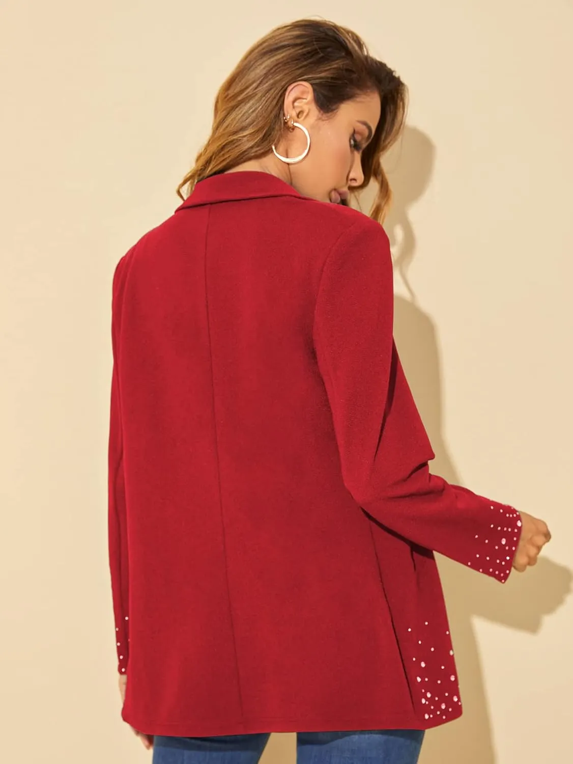WDIRARA Women's Elegant Long Sleeve Blazer Open Front Rhinestone Suit Jackets
