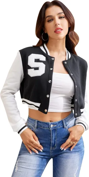 WDIRARA Women's Letter Print Crop Varsity Jackets Letterman Long Sleeve Bomber Jacket