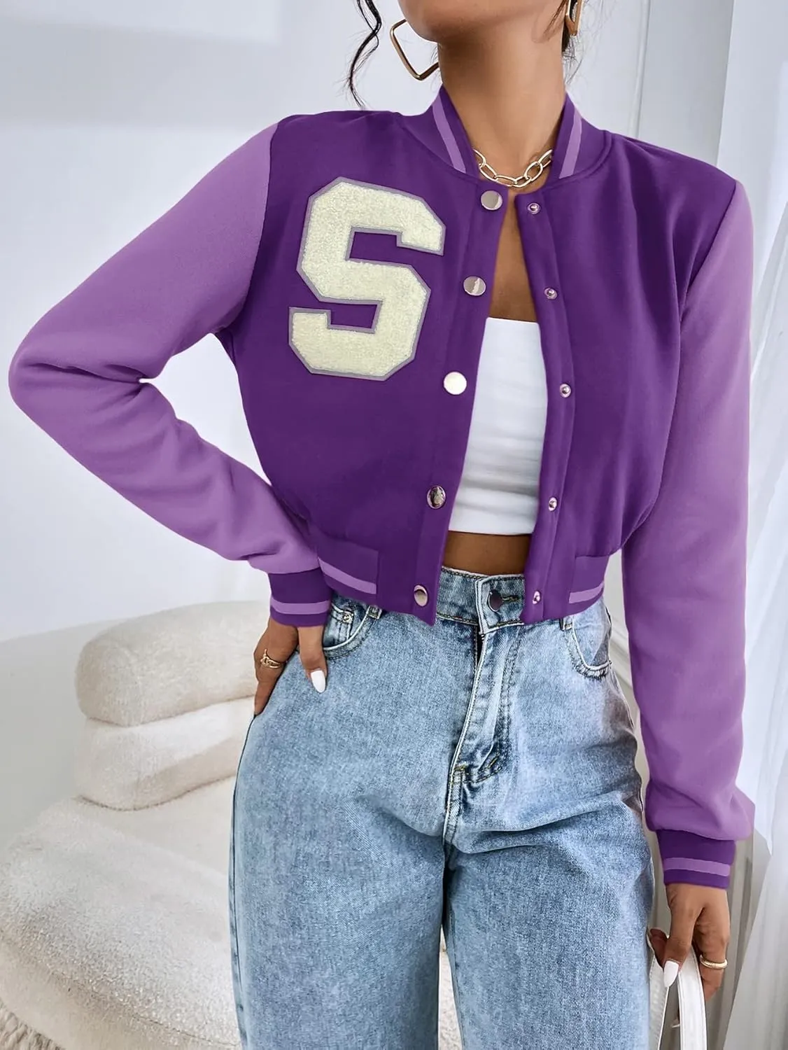 WDIRARA Women's Letter Print Crop Varsity Jackets Letterman Long Sleeve Bomber Jacket