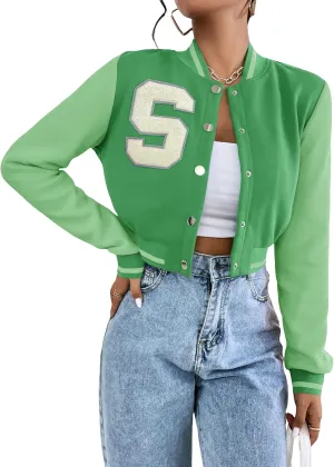 WDIRARA Women's Letter Print Crop Varsity Jackets Letterman Long Sleeve Bomber Jacket
