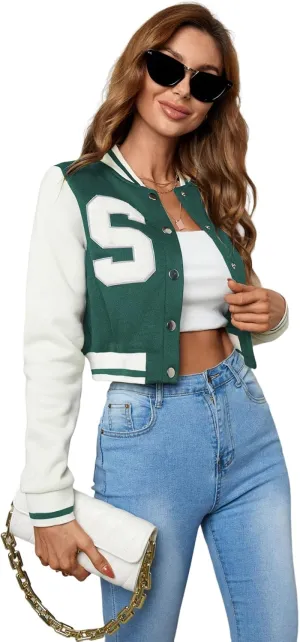 WDIRARA Women's Letter Print Crop Varsity Jackets Letterman Long Sleeve Bomber Jacket