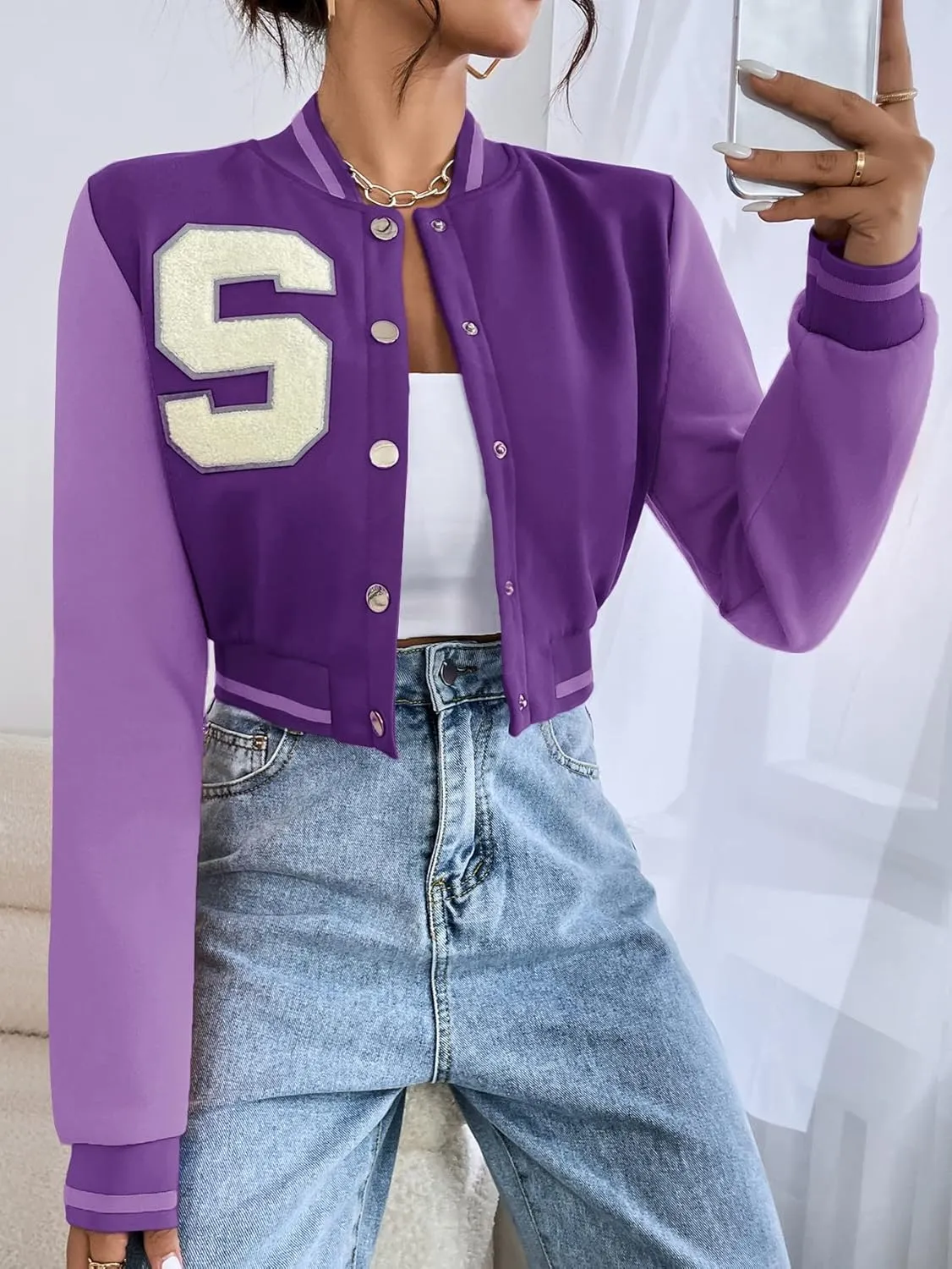 WDIRARA Women's Letter Print Crop Varsity Jackets Letterman Long Sleeve Bomber Jacket