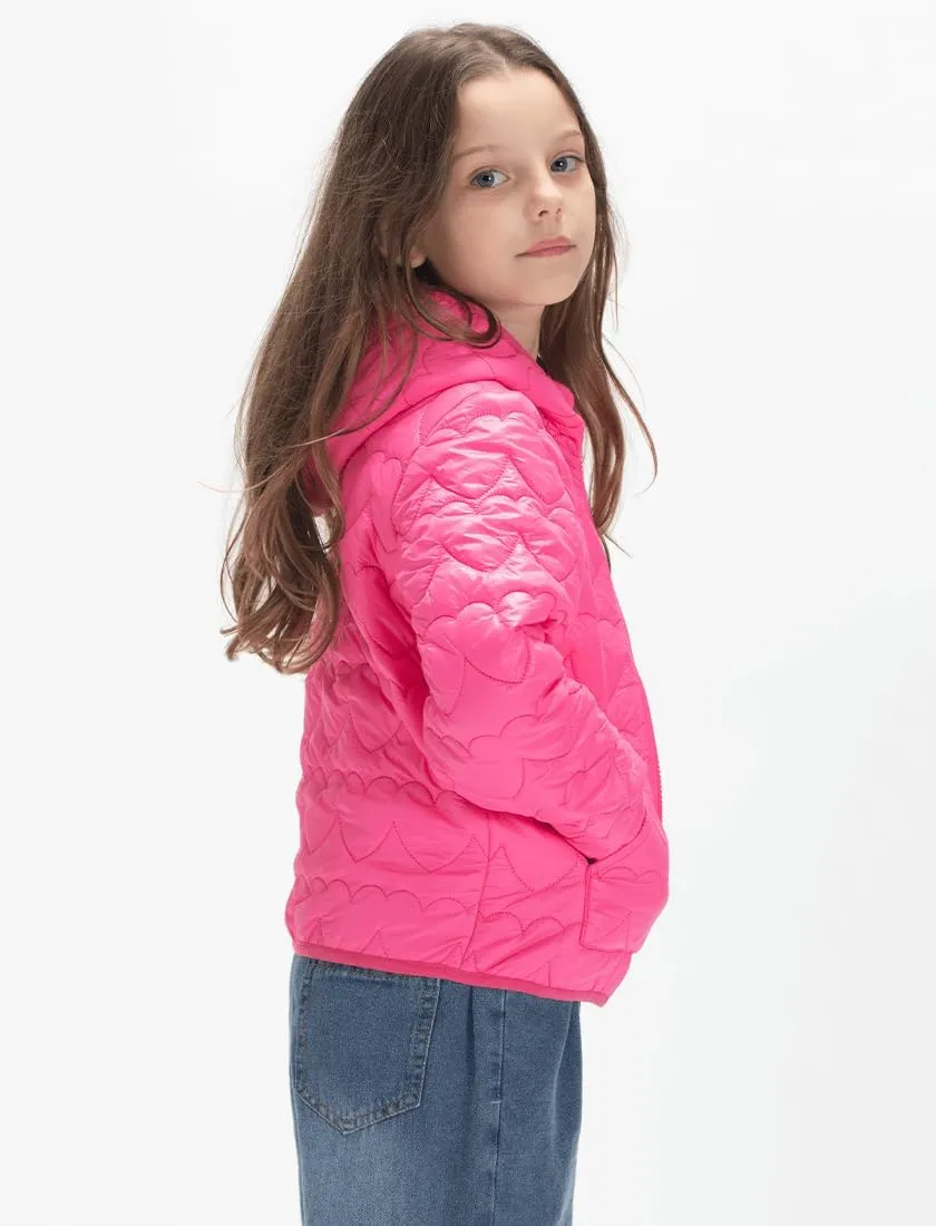 WELAKEN Lightweight Heart Quilted Cotton Puffer Jacket for Girls & Kids Zip Up Hooded Coat with Kangaroo Pocket