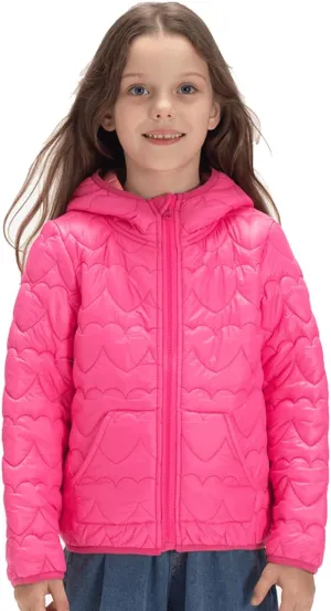 WELAKEN Lightweight Heart Quilted Cotton Puffer Jacket for Girls & Kids Zip Up Hooded Coat with Kangaroo Pocket