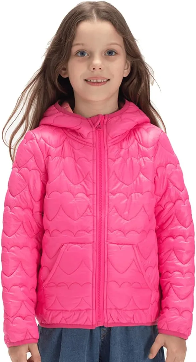 WELAKEN Lightweight Heart Quilted Cotton Puffer Jacket for Girls & Kids Zip Up Hooded Coat with Kangaroo Pocket