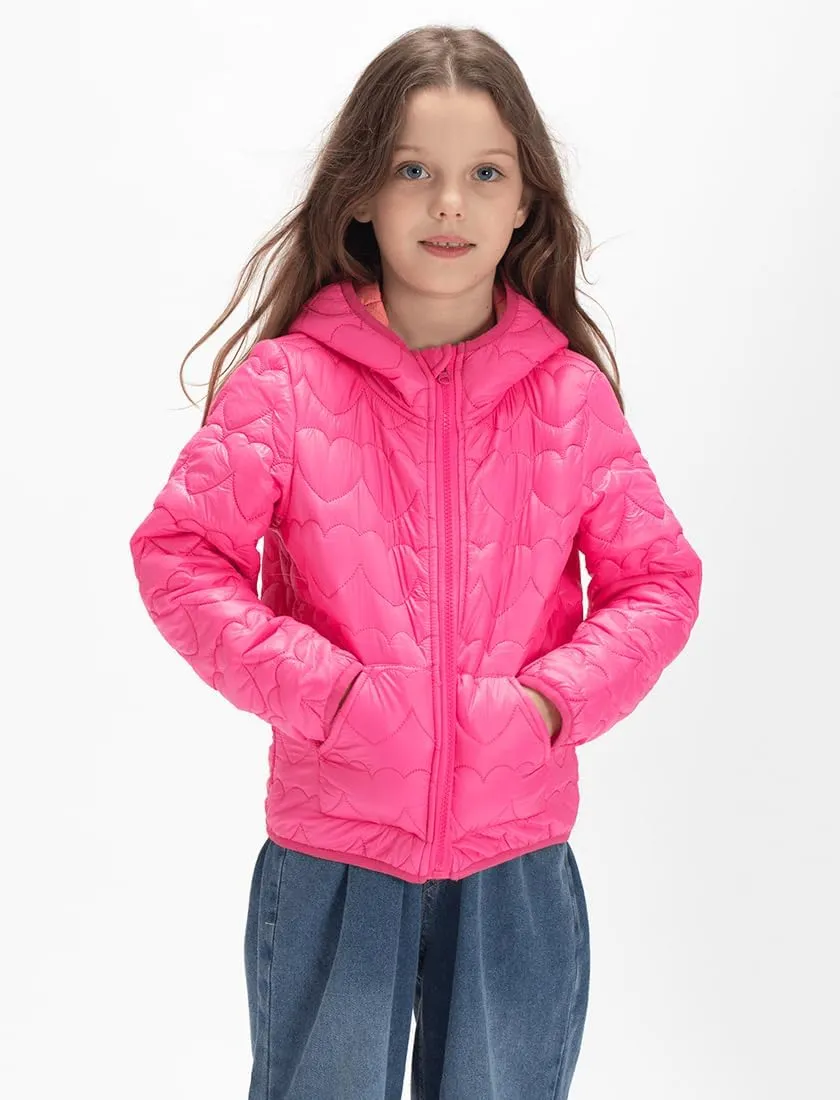 WELAKEN Lightweight Heart Quilted Cotton Puffer Jacket for Girls & Kids Zip Up Hooded Coat with Kangaroo Pocket