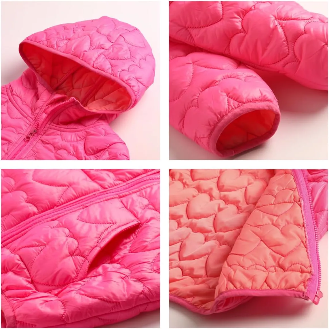WELAKEN Lightweight Heart Quilted Cotton Puffer Jacket for Girls & Kids Zip Up Hooded Coat with Kangaroo Pocket
