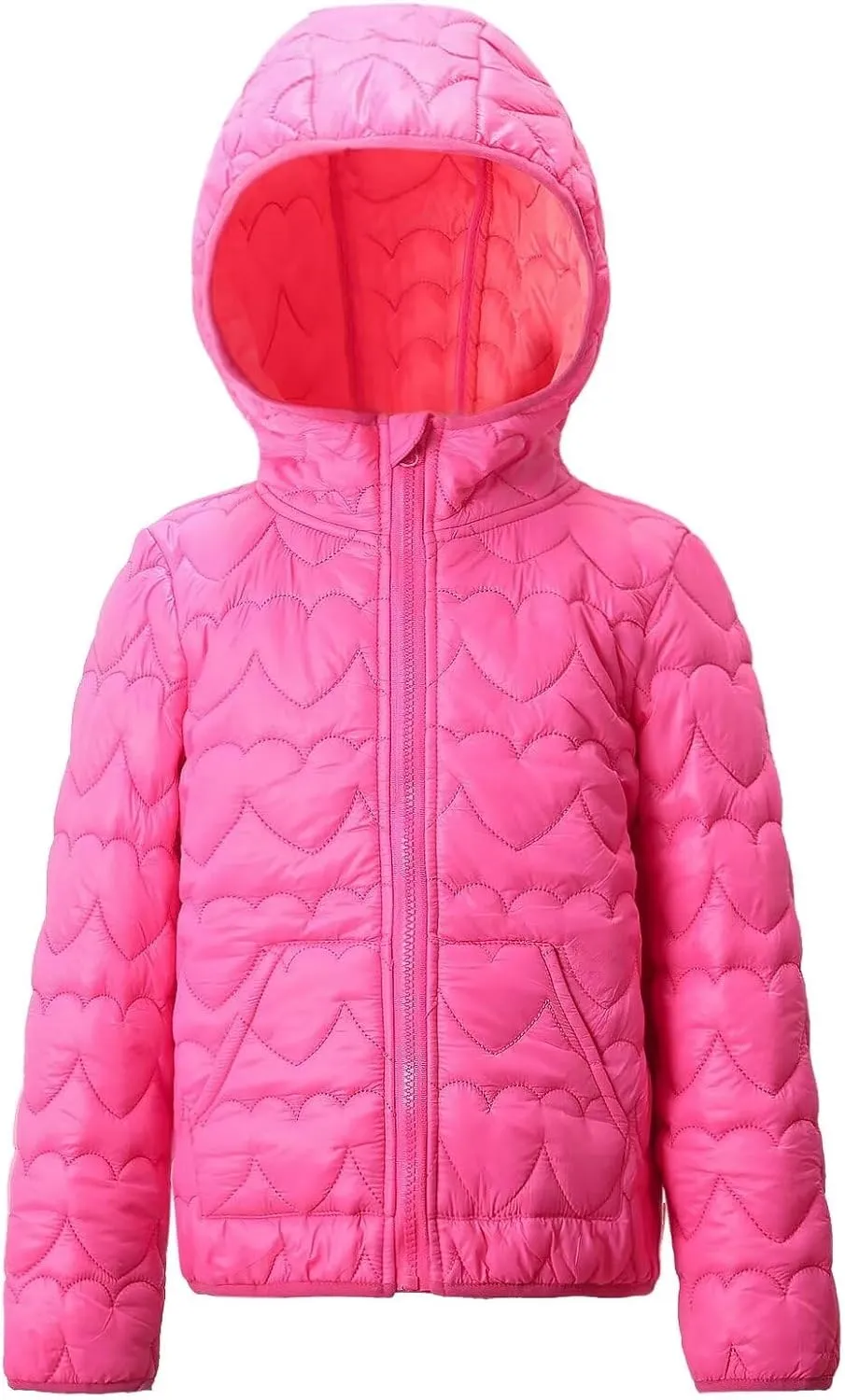 WELAKEN Lightweight Heart Quilted Cotton Puffer Jacket for Girls & Kids Zip Up Hooded Coat with Kangaroo Pocket