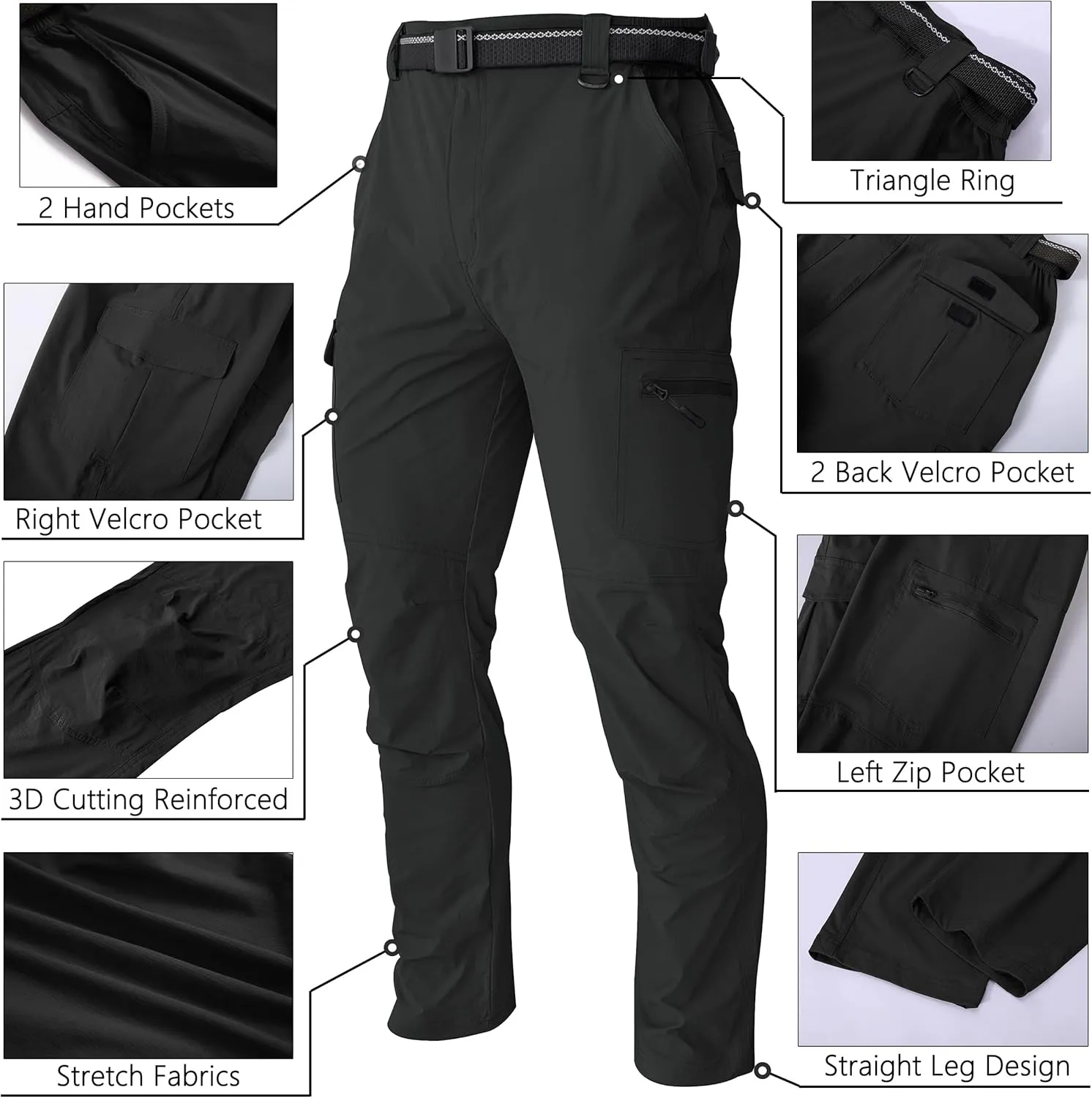 WENRONSTA Men's Hiking Work Cargo Pants Quick-Dry Lightweight Waterproof 6 Pockets Outdoor Mountain Fishing Camping Pants