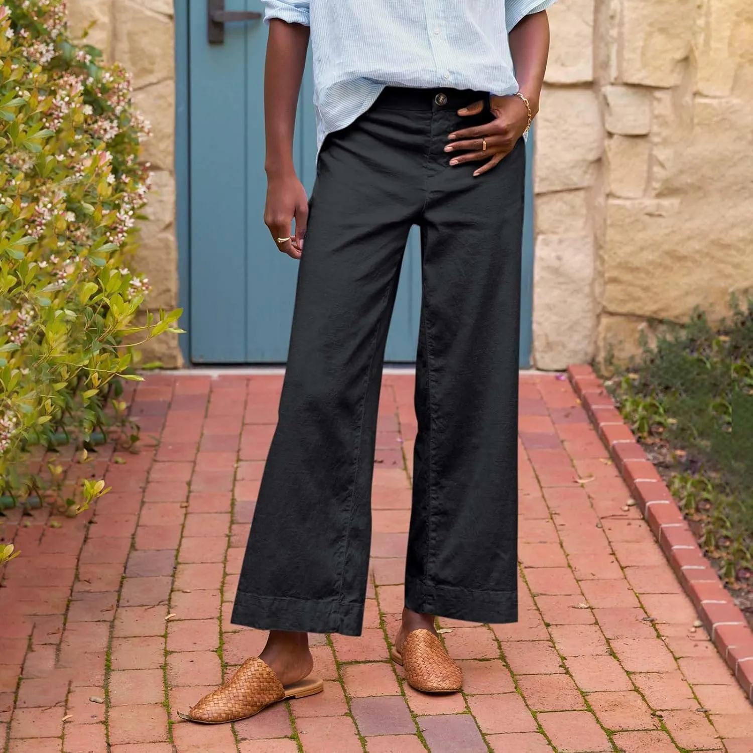 Wide Leg Linen Pants for Women 2025 Trendy Summer Button Zipper Pants High Rise with Pockets Y2K Solid Beach Trousers
