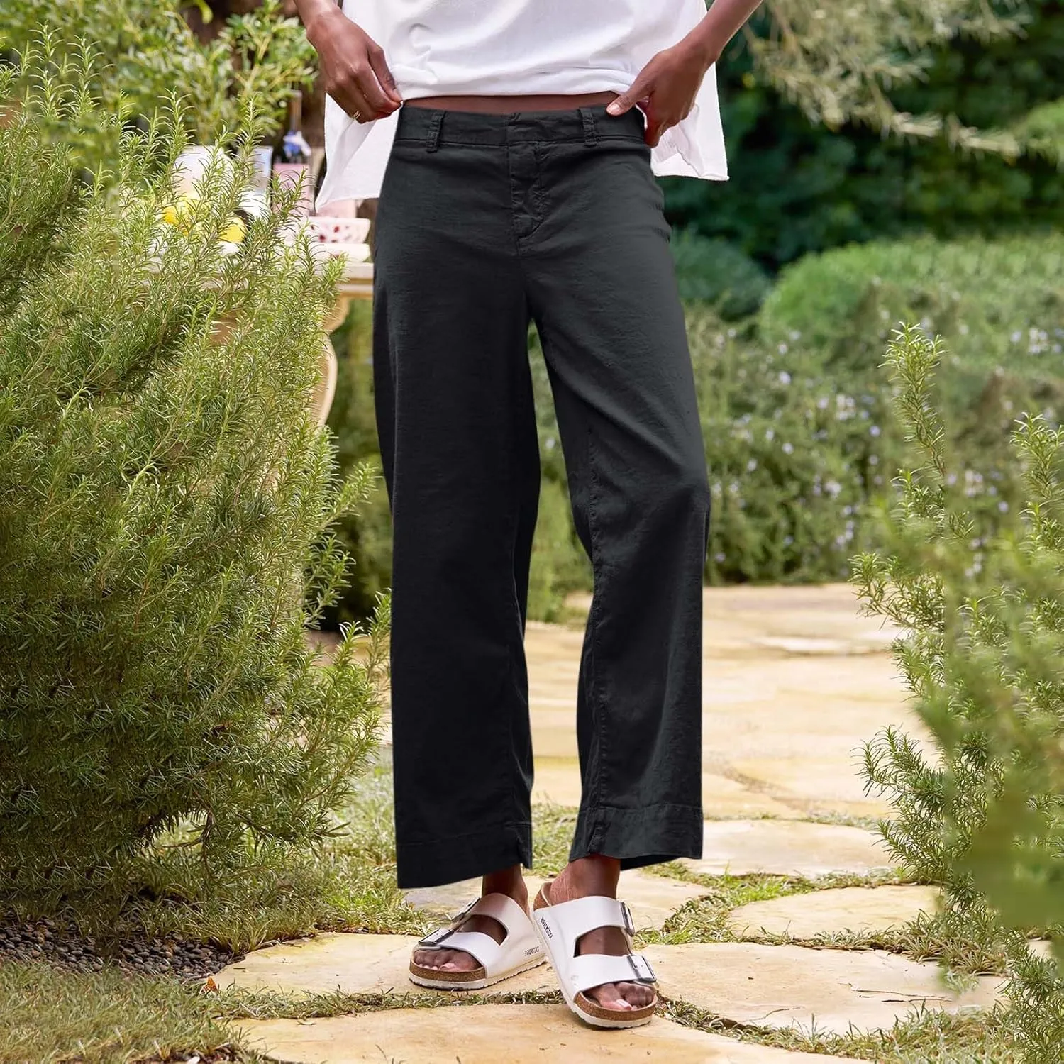 Wide Leg Linen Pants for Women 2025 Trendy Summer Button Zipper Pants High Rise with Pockets Y2K Solid Beach Trousers
