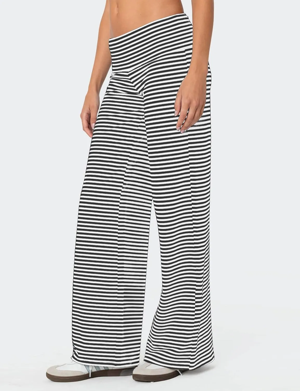 Wide Leg Striped Pants for Women Low Rise Elastic Waist Sweatpants Knit Trousers Pajama Pants