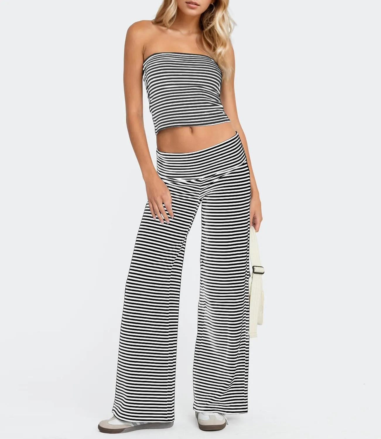 Wide Leg Striped Pants for Women Low Rise Elastic Waist Sweatpants Knit Trousers Pajama Pants