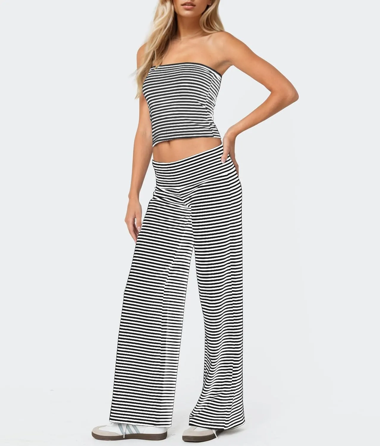 Wide Leg Striped Pants for Women Low Rise Elastic Waist Sweatpants Knit Trousers Pajama Pants