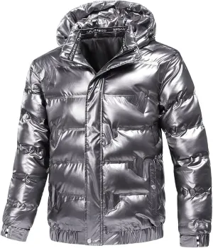 Winter Cotton-Padded Parka Men Shiny Fabric Hooded Coats Thick Warm Windbreaker