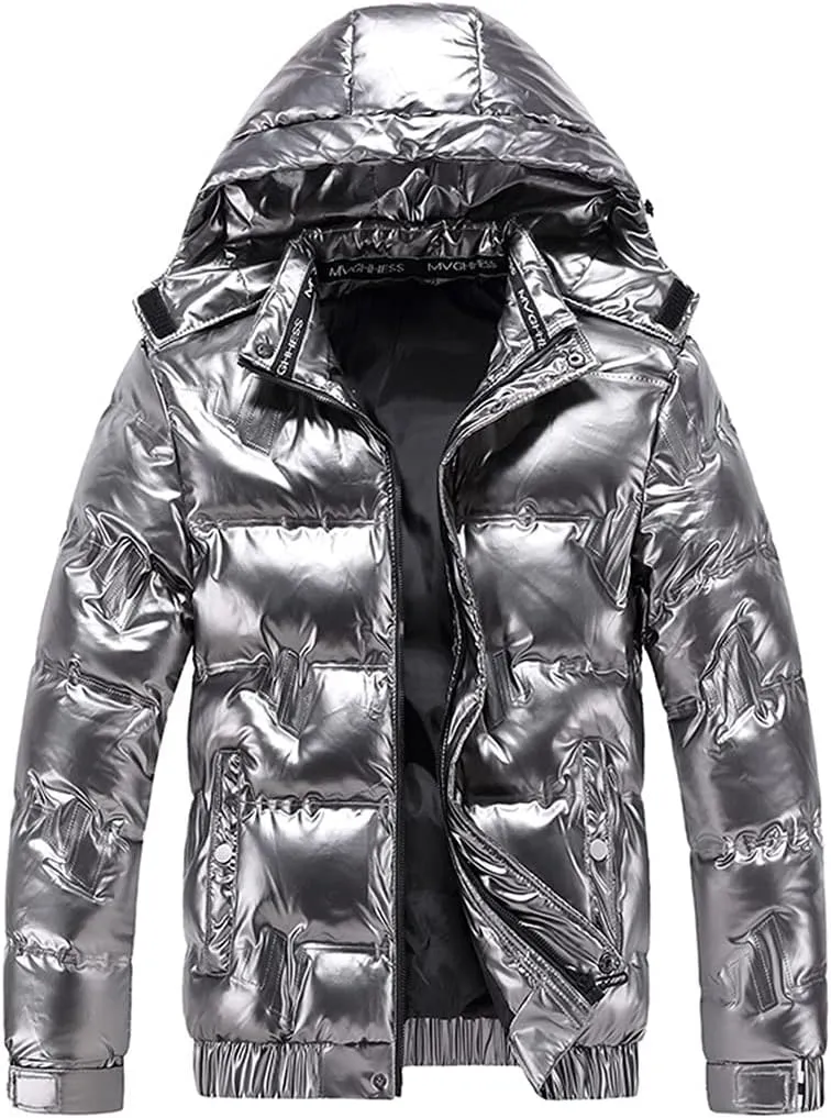 Winter Cotton-Padded Parka Men Shiny Fabric Hooded Coats Thick Warm Windbreaker