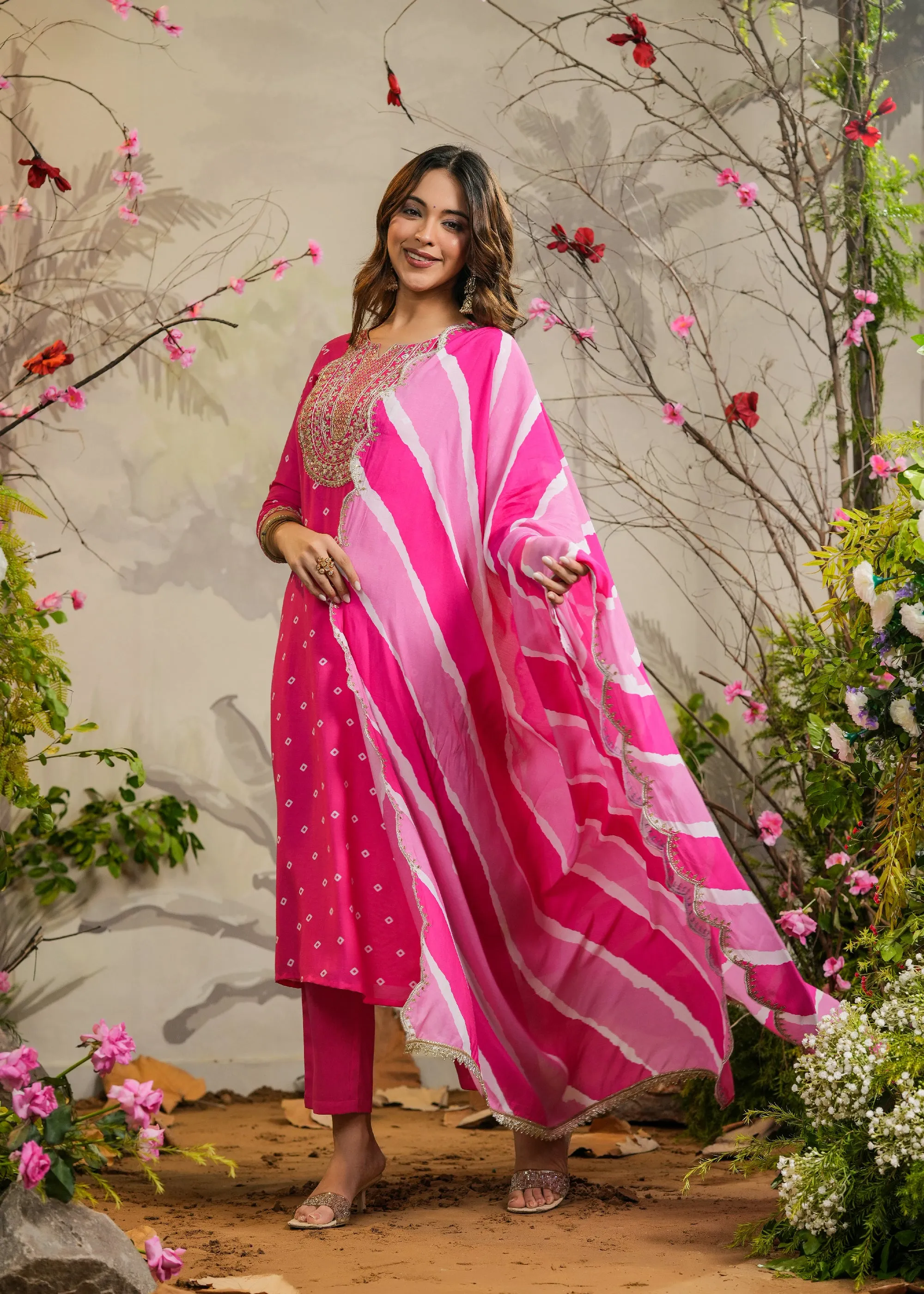 Wira Pink Bandhej Straight Kurti with Pant & Dupatta