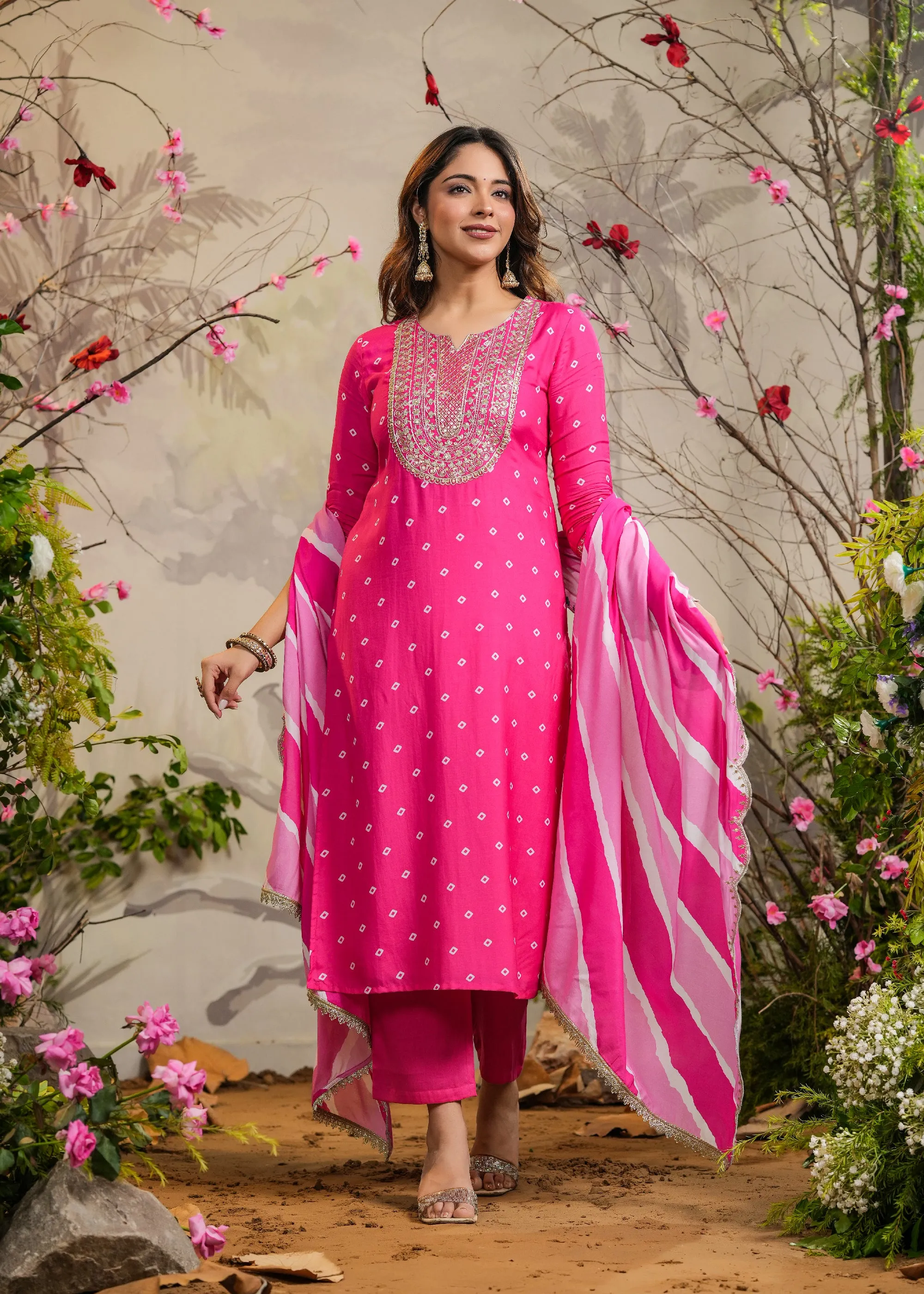Wira Pink Bandhej Straight Kurti with Pant & Dupatta