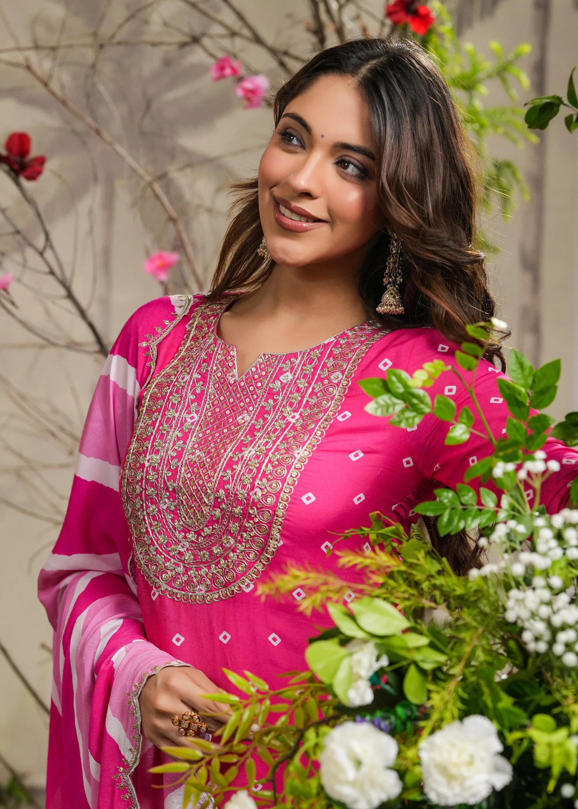 Wira Pink Bandhej Straight Kurti with Pant & Dupatta