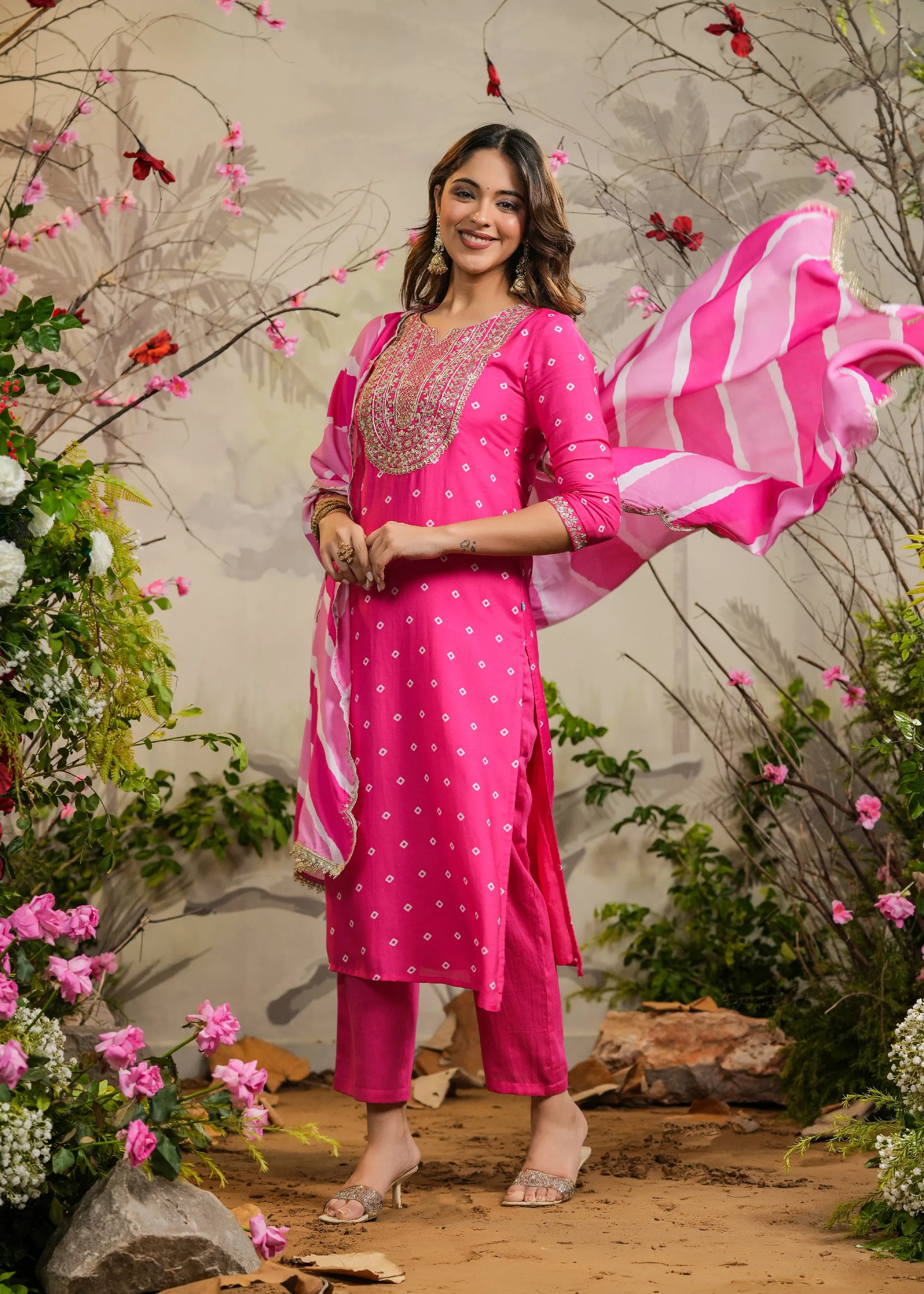 Wira Pink Bandhej Straight Kurti with Pant & Dupatta