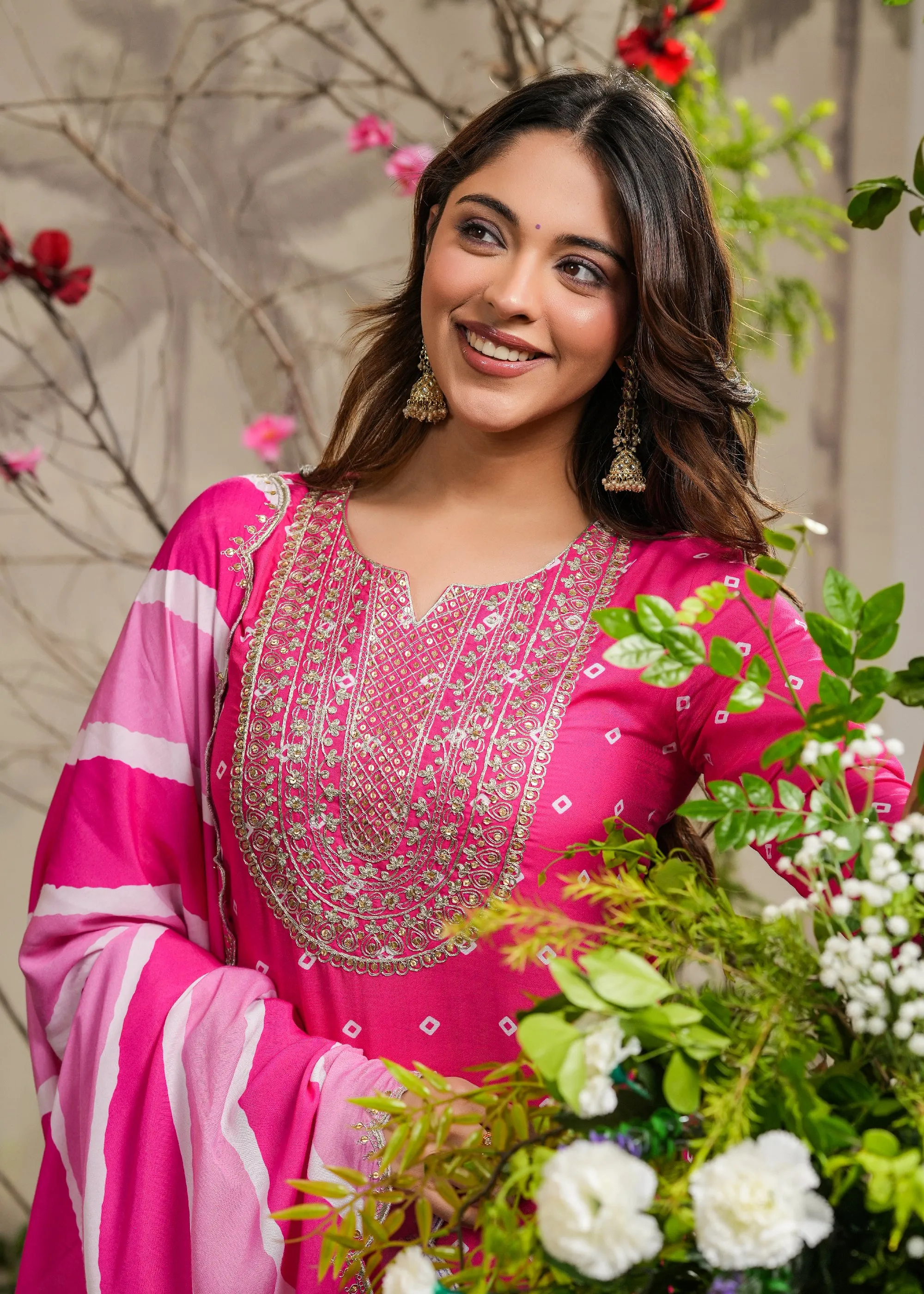 Wira Pink Bandhej Straight Kurti with Pant & Dupatta