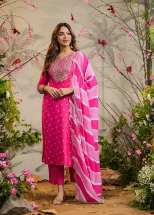Wira Pink Bandhej Straight Kurti with Pant & Dupatta