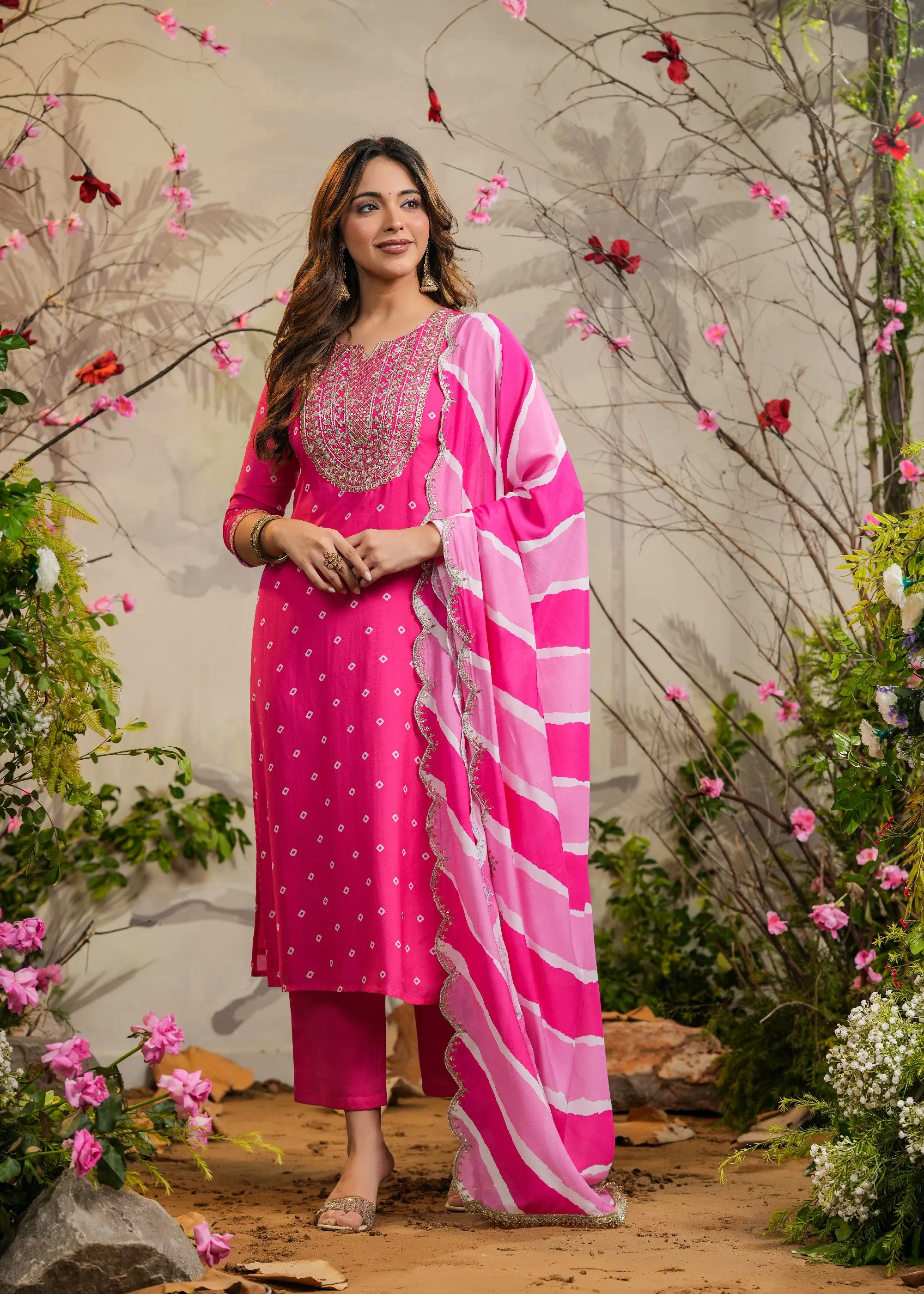Wira Pink Bandhej Straight Kurti with Pant & Dupatta