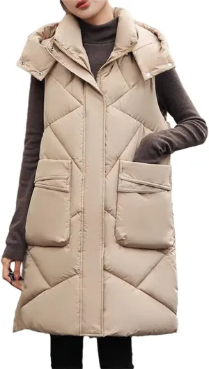 Women Autumn Winter Korean Sleeveless Down Cotton Padded Vest Coat Loose Zipper Hooded Jacket Mid Length Parkas