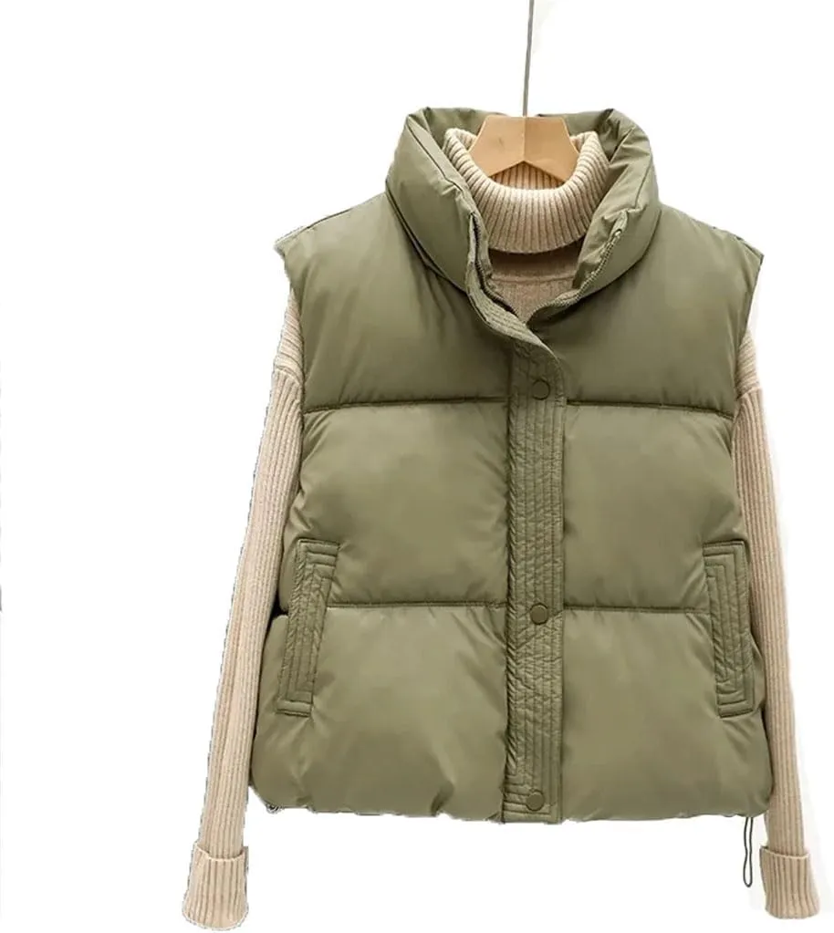 Women Autumn Winter Puffer Vest Loose Zip Up Stand Collar Sleeveless Puffy Jackets Cotton Padded Waistcoat