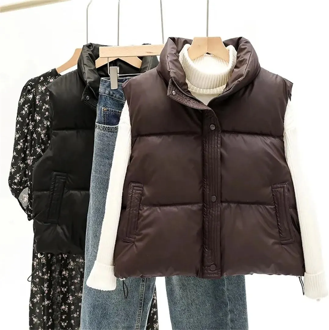 Women Autumn Winter Puffer Vest Loose Zip Up Stand Collar Sleeveless Puffy Jackets Cotton Padded Waistcoat