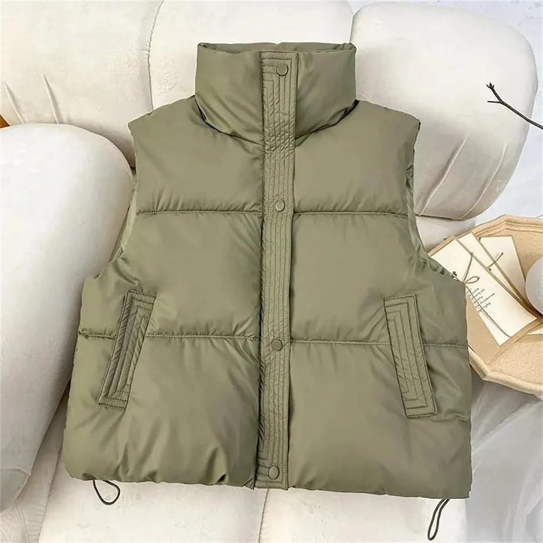 Women Autumn Winter Puffer Vest Loose Zip Up Stand Collar Sleeveless Puffy Jackets Cotton Padded Waistcoat