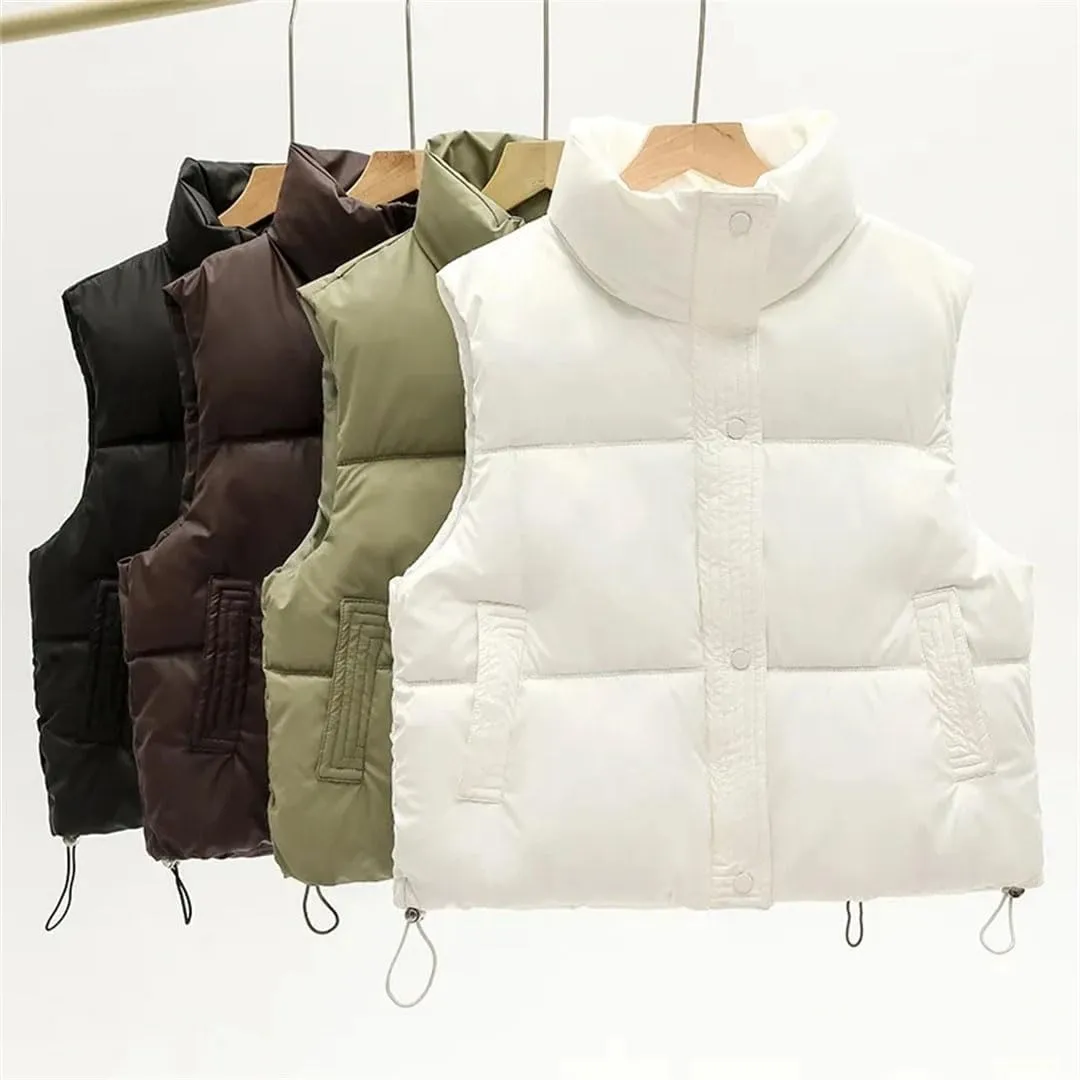 Women Autumn Winter Puffer Vest Loose Zip Up Stand Collar Sleeveless Puffy Jackets Cotton Padded Waistcoat